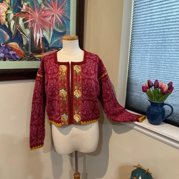 Oleana Pink Cardigan Sweater Jacket w/ Embroidered Ribbon -Norwegian Story - M